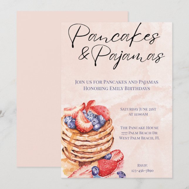 Watercolor Pancakes och Pajamas Firande Inbjudningar (Fram/baksida)