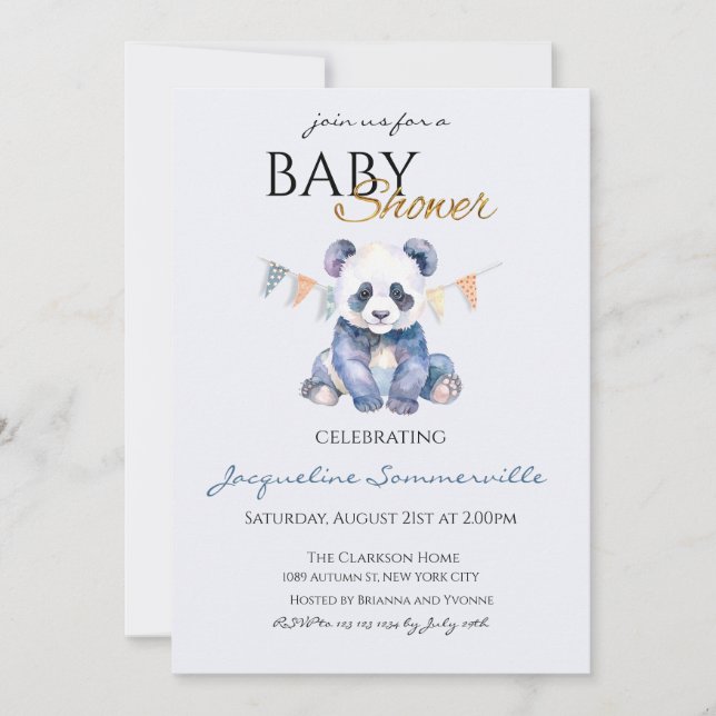 Watercolor Panda bear Baby Shower Inbjudningar (Framsida)
