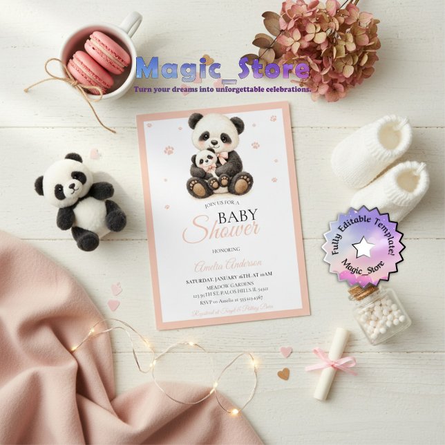Watercolor Panda Bear Mommy Cub Pink Paws Inbjudningar (Skapare uppladdad)