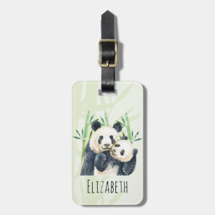 Watercolor Panda Bears Mamma & Baby i Bamboo Bagagebricka