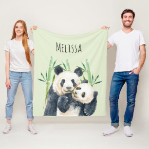 Watercolor Panda Bears Mamma & Baby i Bamboo Fleecefilt