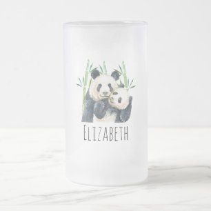 Watercolor Panda Bears Mamma & Baby i Bamboo Frostat Ölglas