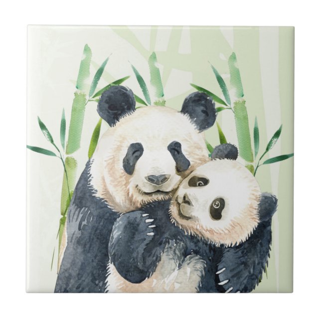 Watercolor Panda Bears Mamma & Baby i Bamboo Kakelplatta (Framsidan)