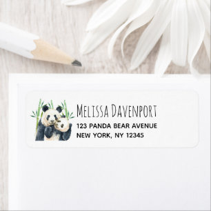Watercolor Panda Bears Mamma & Baby i Bamboo Returadress Etikett