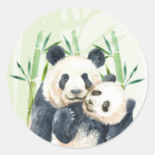 Watercolor Panda Bears Mamma & Baby i Bamboo Runt Klistermärke