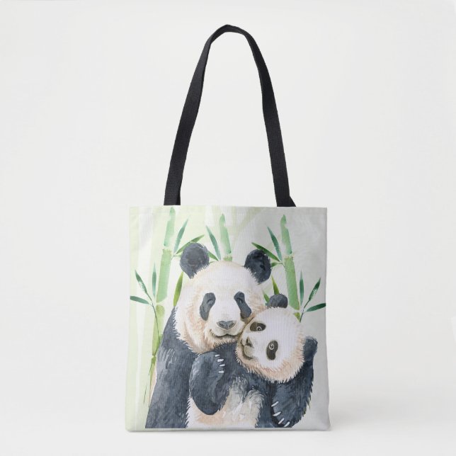 Watercolor Panda Bears Mamma & Baby i Bamboo Tygkasse (Framsida)