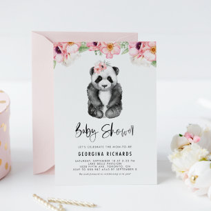 Watercolor Panda Rosa Anemones Girl Baby Shower Inbjudningar