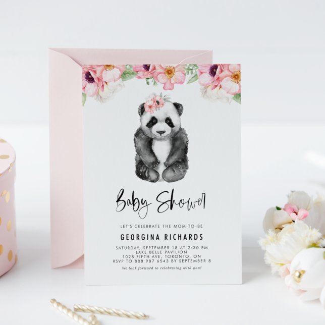 Watercolor Panda Rosa Anemones Girl Baby Shower Inbjudningar (Skapare uppladdad)