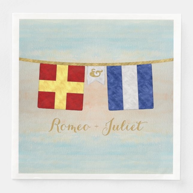 Watercolor Par Monogram Maritime Signal Flaggor Pappersservett (Framsida)