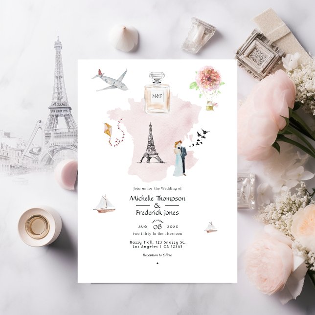 Watercolor Paris Destination Wedding Monogram Inbjudningar (Skapare uppladdad)