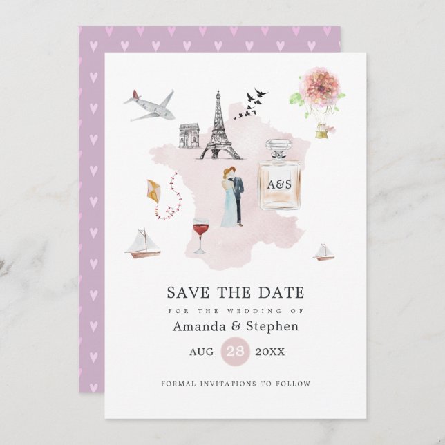 Watercolor Paris Destination Wedding Monogram Spara Datumet (Fram/baksida)