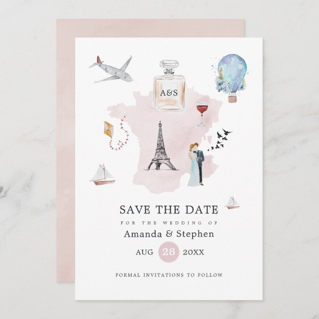 Watercolor Paris Destination Wedding Monogram Spara Datumet (Fram/baksida)