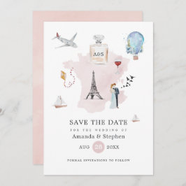 Watercolor Paris Destination Wedding Monogram Spara Datumet