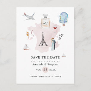 Watercolor Paris Destinationsbröllop Spara datum Meddelande Vykort