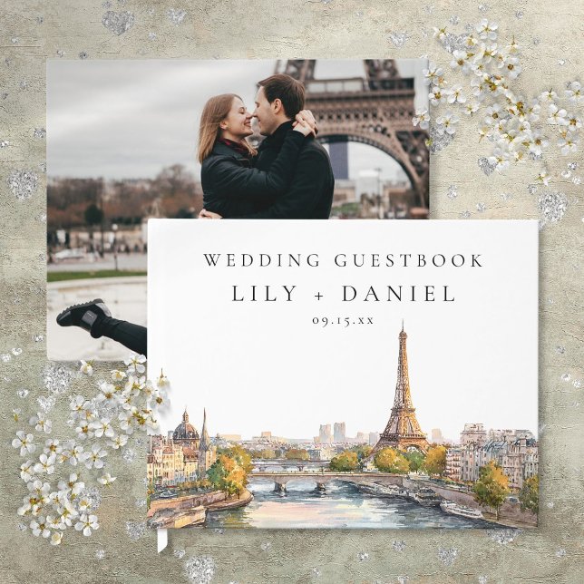 Watercolor Paris Frankrike Bröllop Photo Gästböcker (Watercolor Paris France Wedding Photo Guest Book)