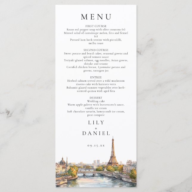 Watercolor Paris Frankrike Destination Wedding Meny (Framsida)
