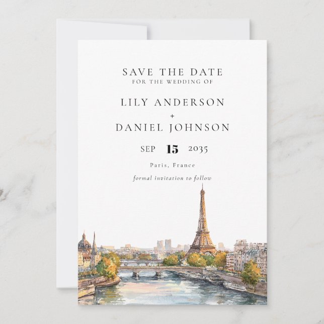 Watercolor Paris Frankrike Destination Wedding Spara Datumet (Framsida)