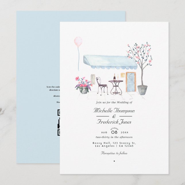 Watercolor Paris QR Code OSA Bröllop Inbjudningar (Fram/baksida)