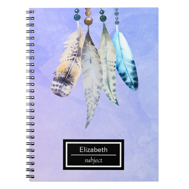 Watercolor Pärlor 'n Feathers on Bluish Lila Anteckningsbok (Framsidan)