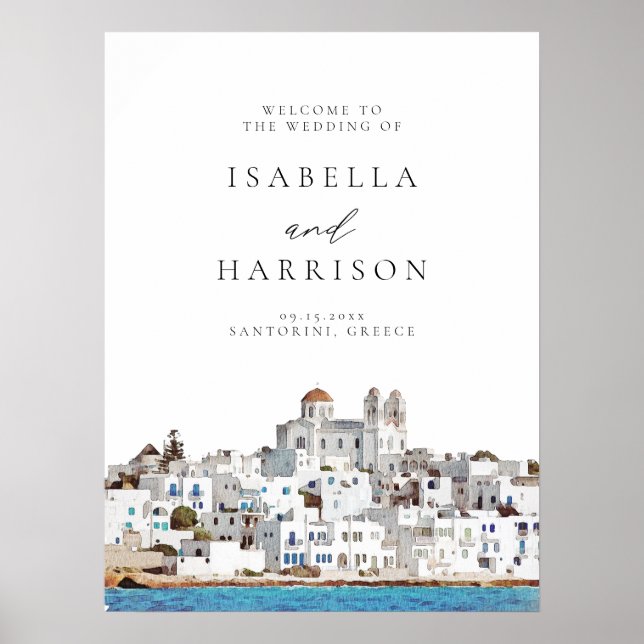 Watercolor Paros Greece Skyline Travel Bröllop Poster (Framsidan)