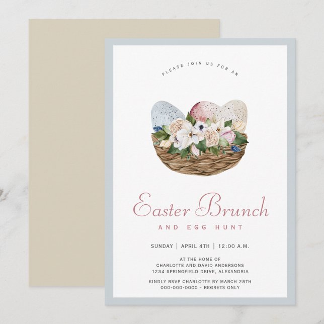 Watercolor Påsk Brunch och Egg Hunt Inbjudningar (Fram/baksida)