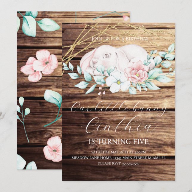 Watercolor Påskhare Girl Blommigt Birthday Wood Inbjudningar (Fram/baksida)