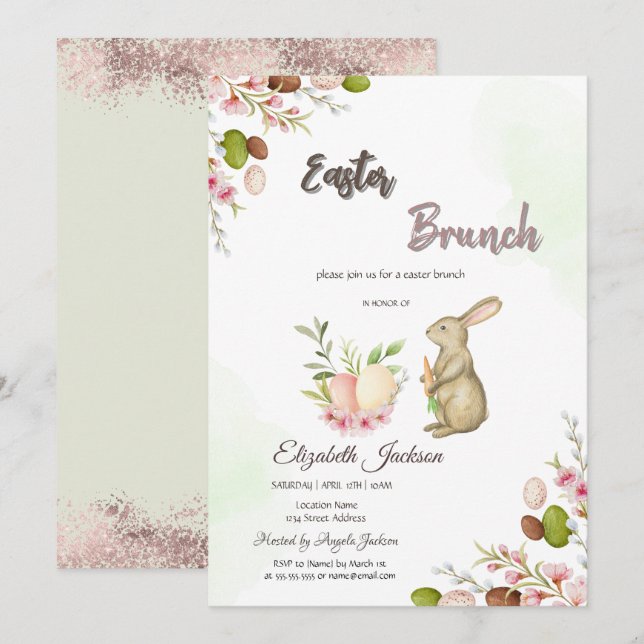 Watercolor Påskharen Bunny Påskbrunch & Bubbly Inbjudningar (Fram/baksida)