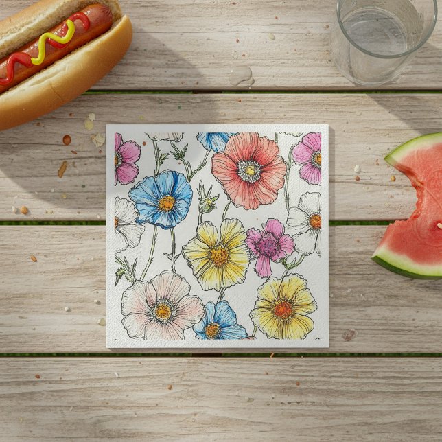 Watercolor Pastel Blue, rosa, gult Pappersservett (Wildflower Watercolor Pastel Blue, pink, yellow Napkins.)