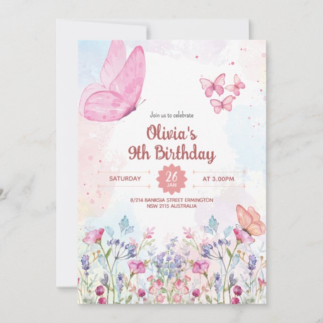 Watercolor Pastel Butterfly Birthday Invitation Inbjudningar (Framsida)