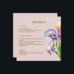 Watercolor Pastel Calla Lily Bröllop Menu Meny<br><div class="desc">Föreställ dina gäster en vackert designad bröllop-meny med pastel rosa och blue calla lilies. Den här elegant-menyn lägger till en personlig blommigt till bord som tar emot mottagningen,  som ett komplement till det övergripande bröllop-temat.</div>