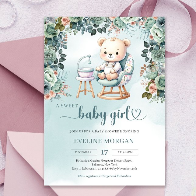 Watercolor pastel färg nalle flicka baby inbjudningar (Watercolor cute teddy bear pastel colors girl baby shower invitation)