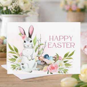 Watercolor Pastel Rosa ros Bunny Glad påsk Anteckningskort