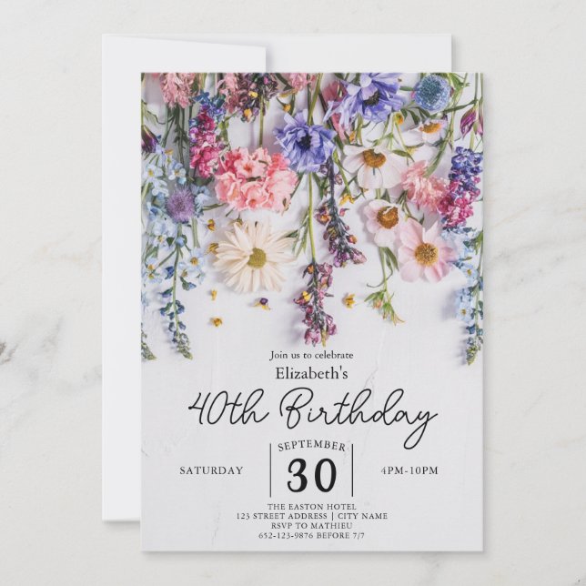 Watercolor Pastels Wildblommor 40-årsdagen Inbjudningar (Framsida)