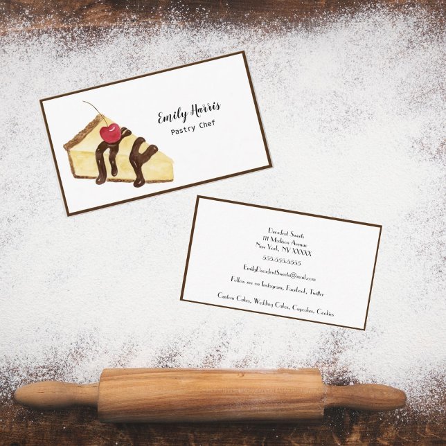 Watercolor Pastry Chef Cheesecake Visitkort (Elevate your Pastry Creations with Exquisite Watercolor Cheesecakes Business Card.)