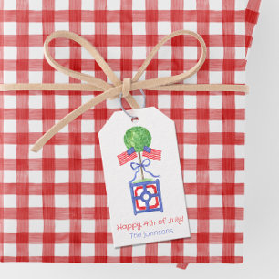 Watercolor Patriotic American Flagga Topiary Presentetikett