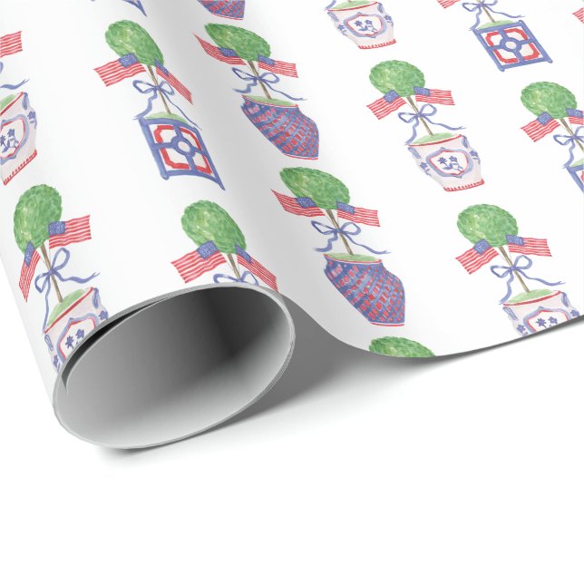 Watercolor Patriotic American Flagga Topiary Presentpapper (Rullad Hörn)
