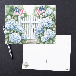 Watercolor Patriotic Blue Hydrangea Cottage Garden Helg Vykort