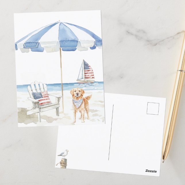 Watercolor Patriotic Hund Americana Beach Scene Vykort (Skapare uppladdad)