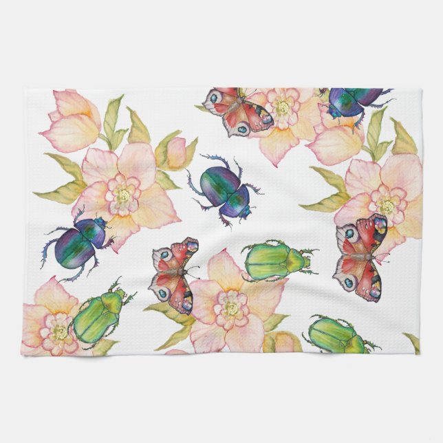 Watercolor pattern of beetles and butterflies kökshandduk (Horisontell)
