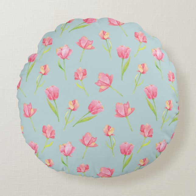 Watercolor Pattern with Delicate Pink Round Pillow Rund Kudde (Framsidan)