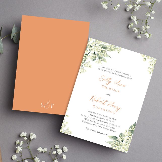 Watercolor Peach Blommigt Greenery Bröllop Inbjudningar (Wedding beautiful peach floral invitations.)