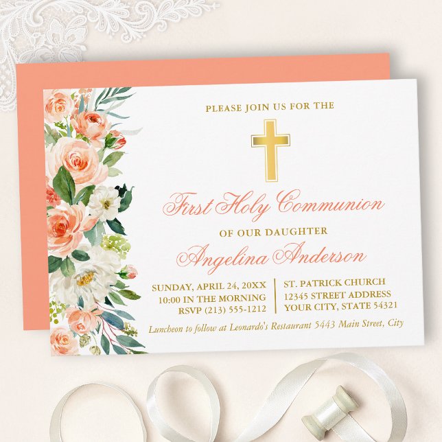 Watercolor Peach Blommigt Guld First Communion Inbjudningar (Customize to change text color, size, style or to change color of back of card.)