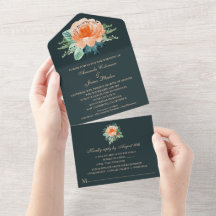 Watercolor Peach Blommigt Teal Bröllop