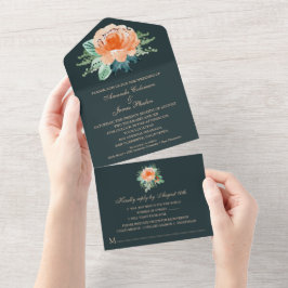 Watercolor Peach Blommigt Teal Bröllop