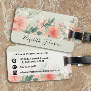 Watercolor Peach Fuzz Greenery Flowers Script Namn Bagagebricka