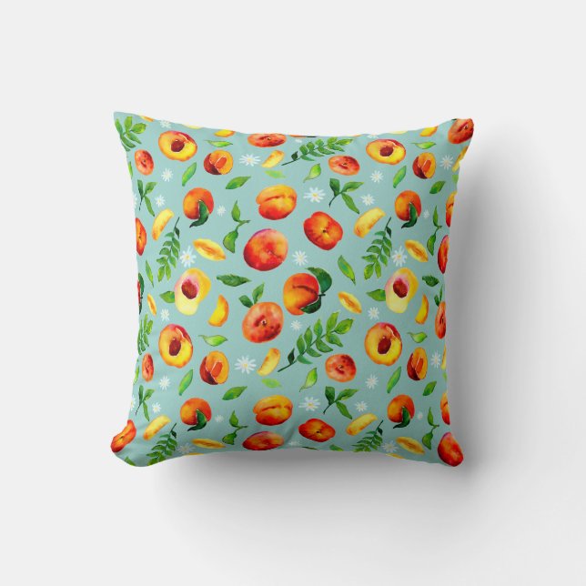 Watercolor Peach Green Leaves Blue background Kudde (Framsida)