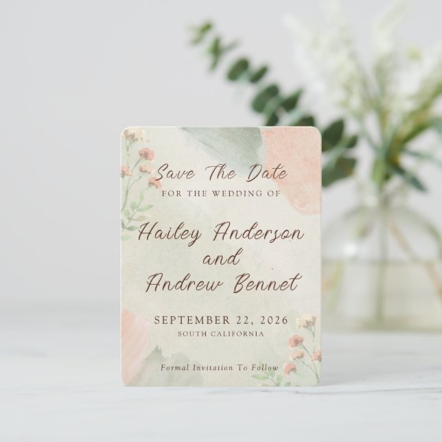Watercolor Peach & Green Minimal Wedding Spara Datumet (Stående Fram)