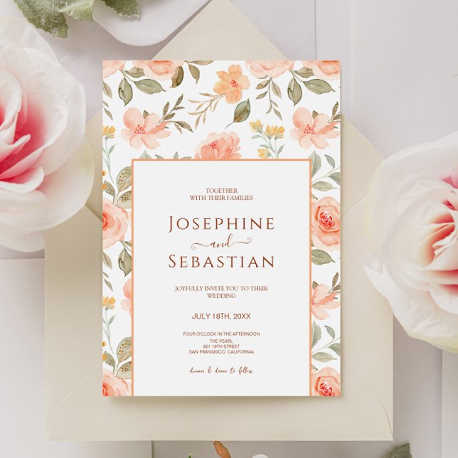 Watercolor Peach Mint Blommigt Garden WedWedding Inbjudningar (Skapare uppladdad)
