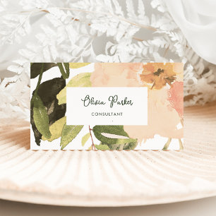 Watercolor Peach Peony Flower och Löv Visitkort