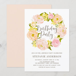 Watercolor Peach Peony WAN Födelsedagsfest Inbjudningar